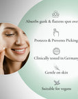 Woman applying pimple hydrocolloid patch with text highlighting benefits on a light green background