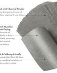 Roll of charcoal powder-infused makeup wipes with text describing their benefits.