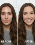 Before and after comparison of a woman using oil control against a white tiled wall.
