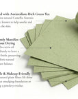 Green tea facial sheets with text describing their benefits on a white background