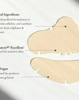 Hydrocolloid dressing with text about natural ingredients, certification, and vegan status on a white background.
