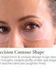 Close-up of a person wearing under-eye patches with product description text.