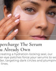 Woman applying under-eye patches with text about serum enhancement.