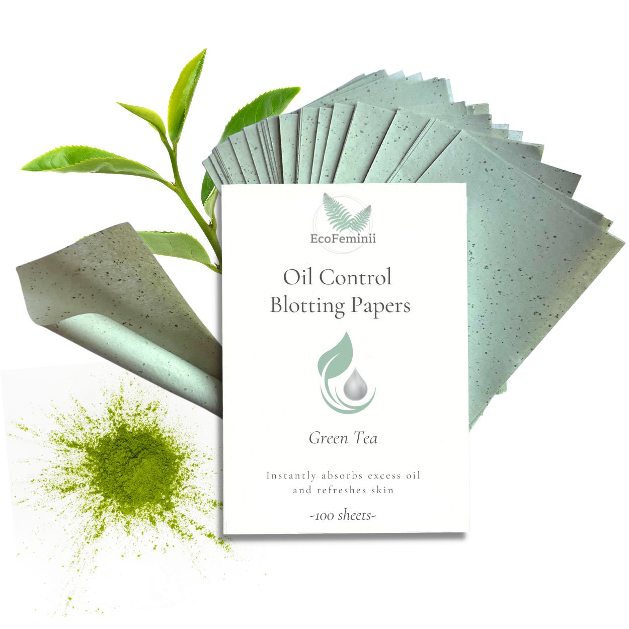 Oil control blotting papers with green tea extract on a white background