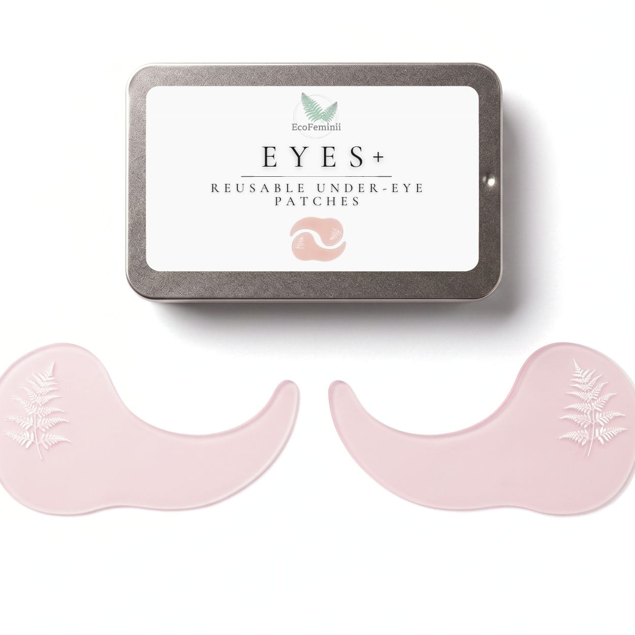 Reusable under-eye patches packaging with visible brand logo on a white background