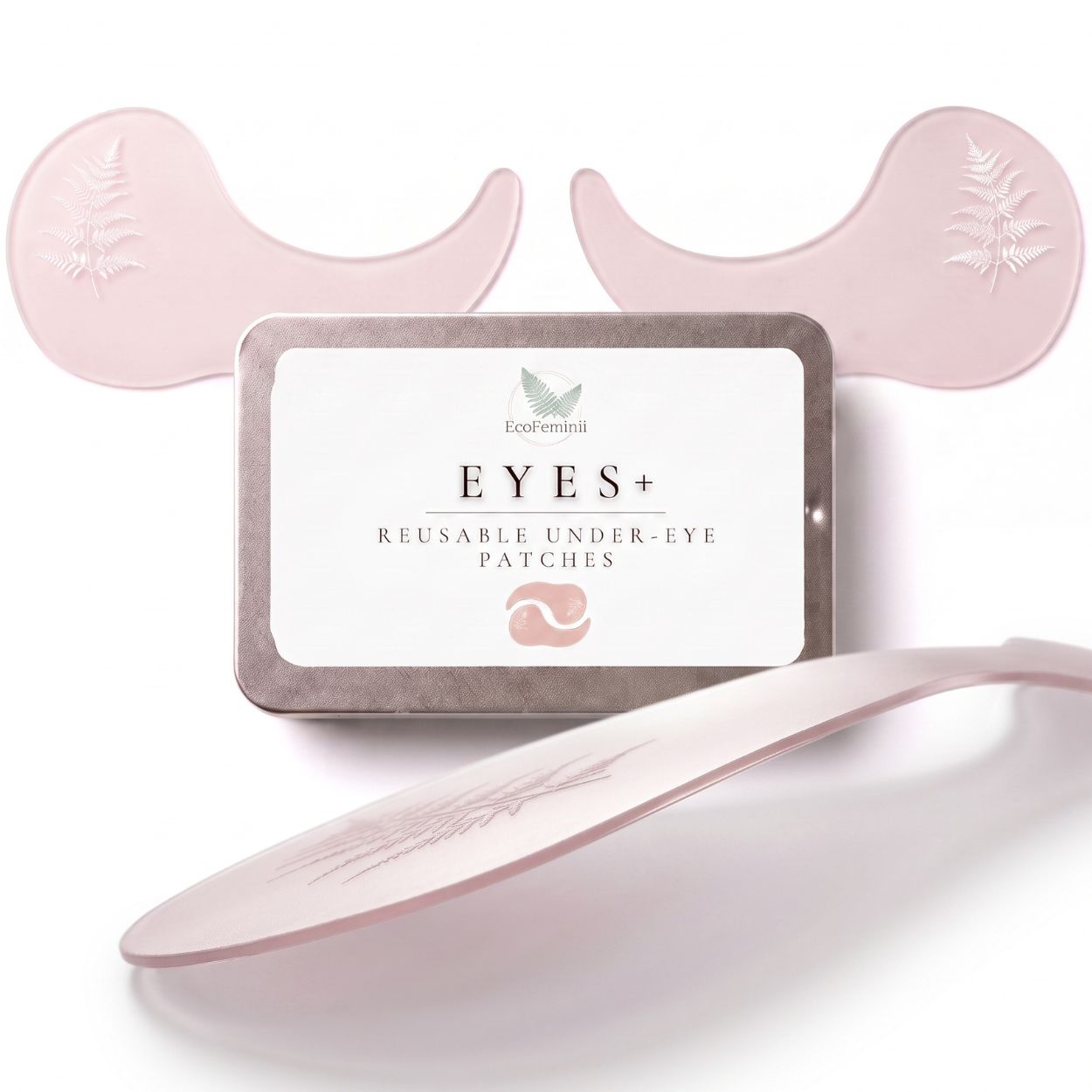 Reusable under-eye patches packaging with visible brand logo on a white background