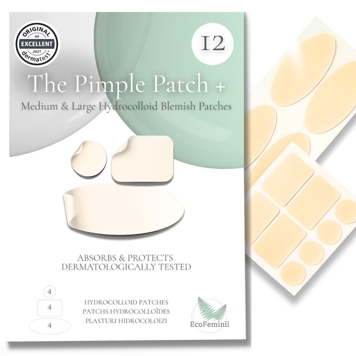 Pimple patch packaging with patches on a white background
