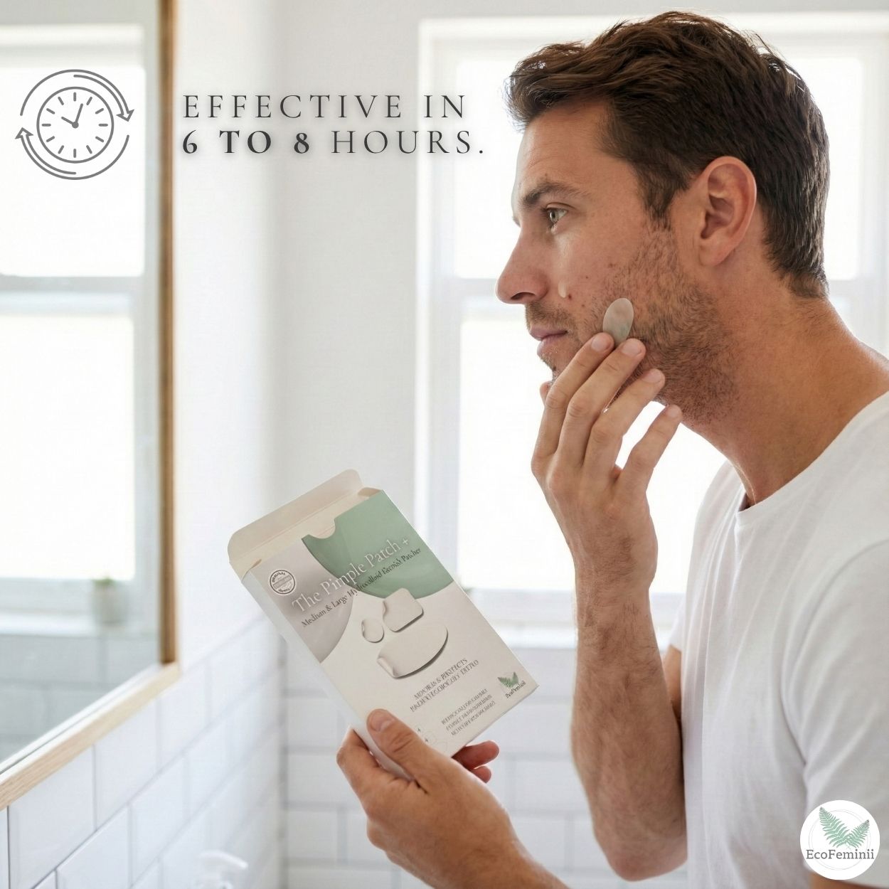 Man applying a facial product with a packaging labeled EcoFeminil pimple hydrocolloid patch  in a bathroom setting.