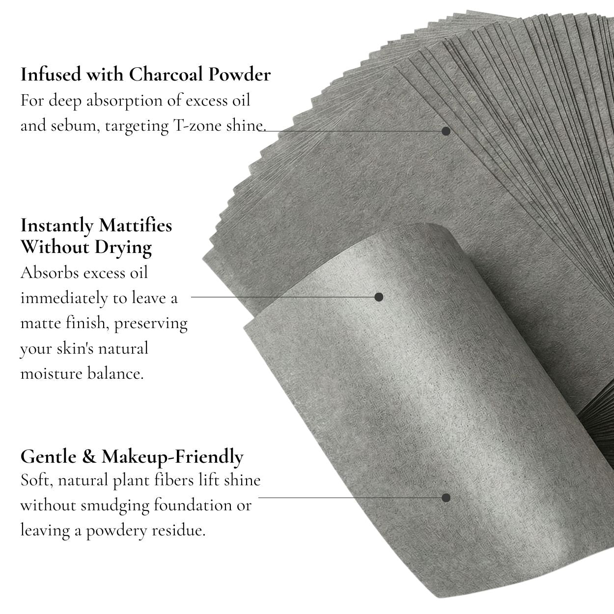 Roll of charcoal powder-infused makeup wipes with text describing their benefits.