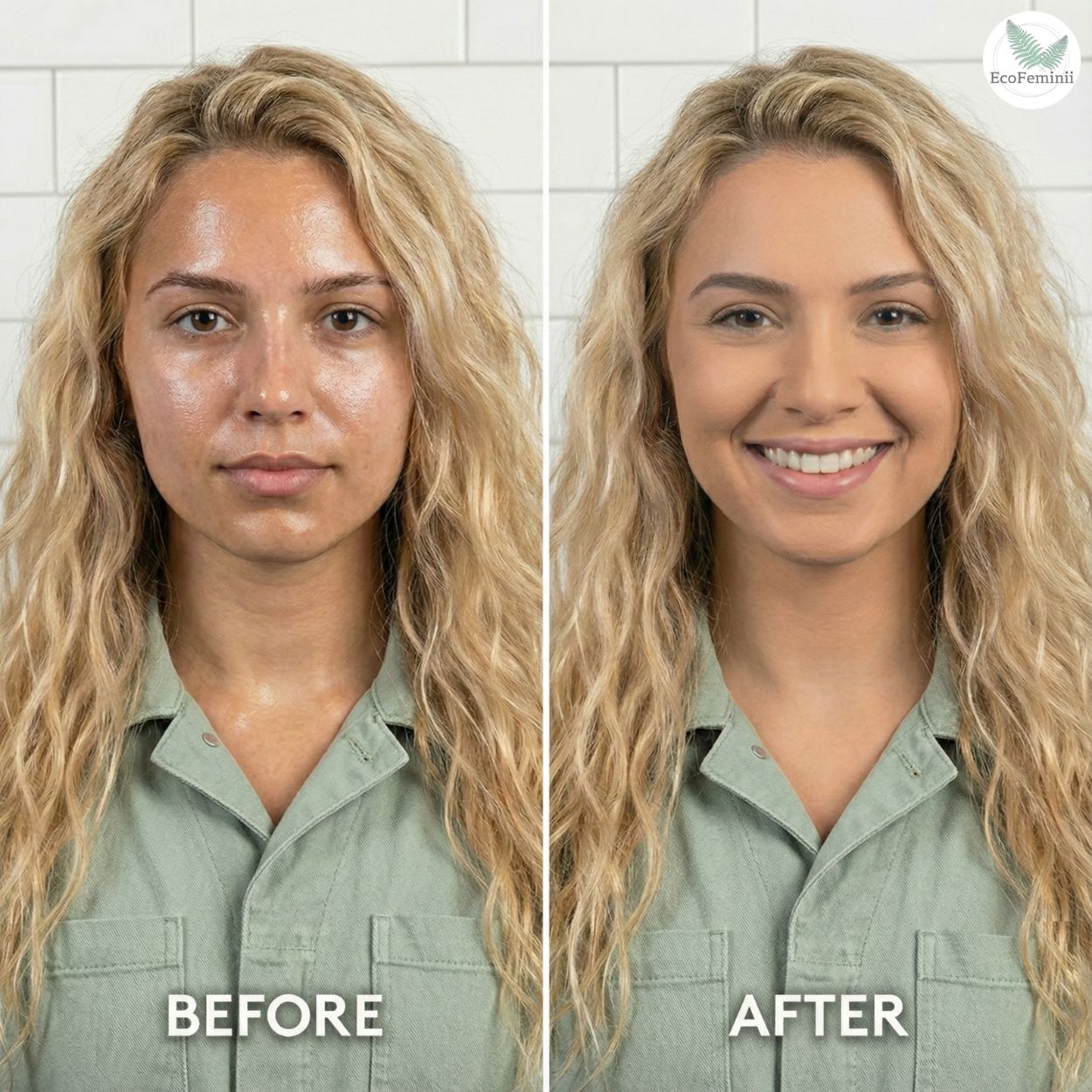 Before and after comparison of a woman using oil blotting paper and green shirt against a tiled wall.
