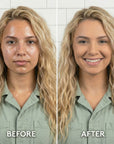 Before and after comparison of a woman using oil blotting paper and green shirt against a tiled wall.