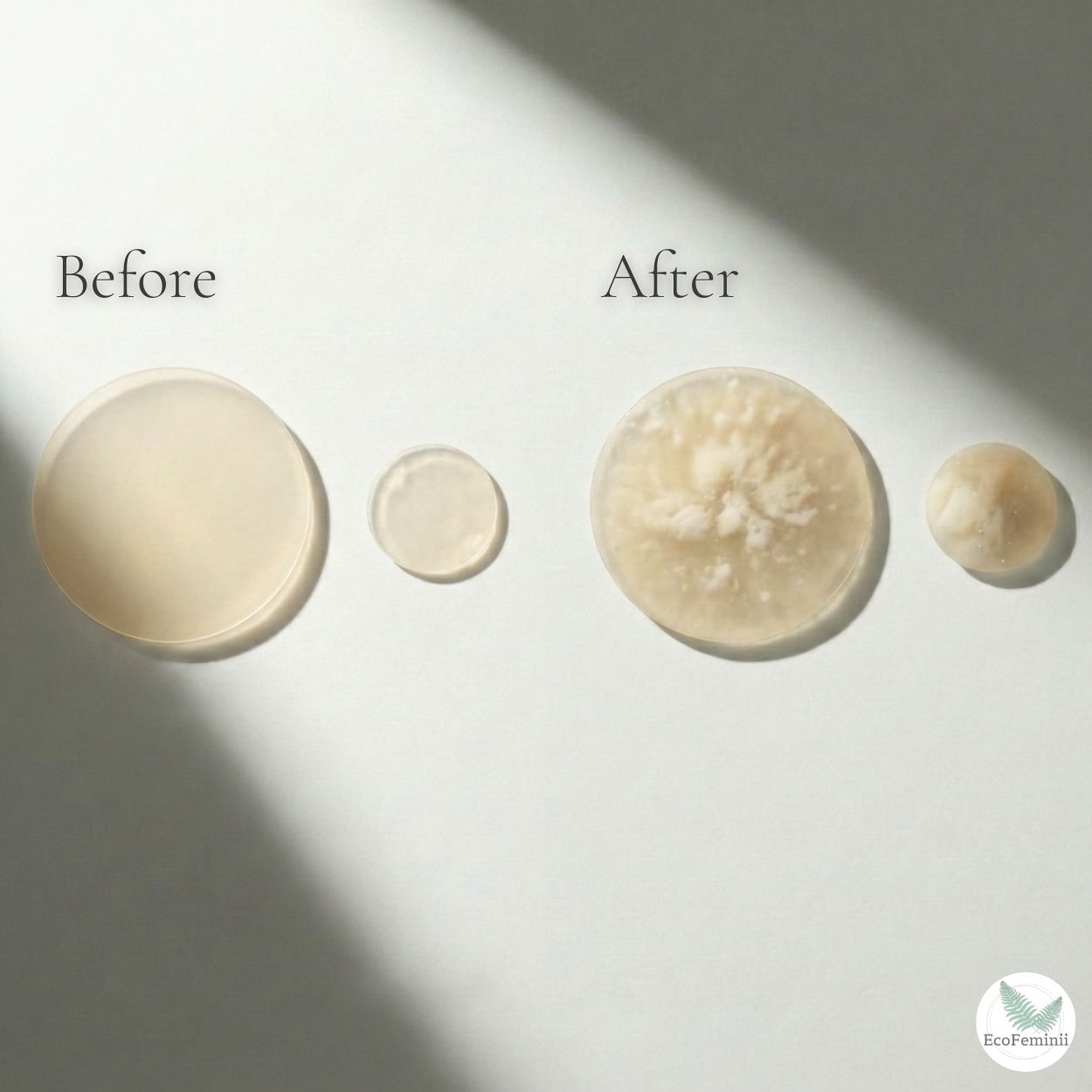 Before and after comparison of a pimple hydrocolloid patch extraction of pus on a neutral background with EcoFemini logo.