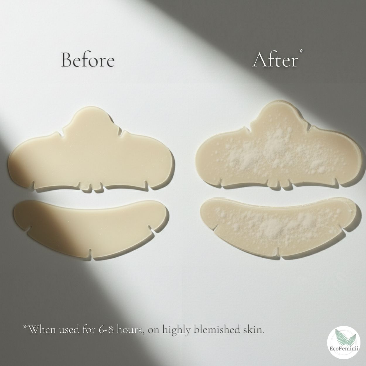 Before and after pimple hydrocolloid patch  with excretions on the patch on a light gray background with EcoFeminii  branding.
