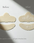 Before and after pimple hydrocolloid patch  with excretions on the patch on a light gray background with EcoFeminii  branding.