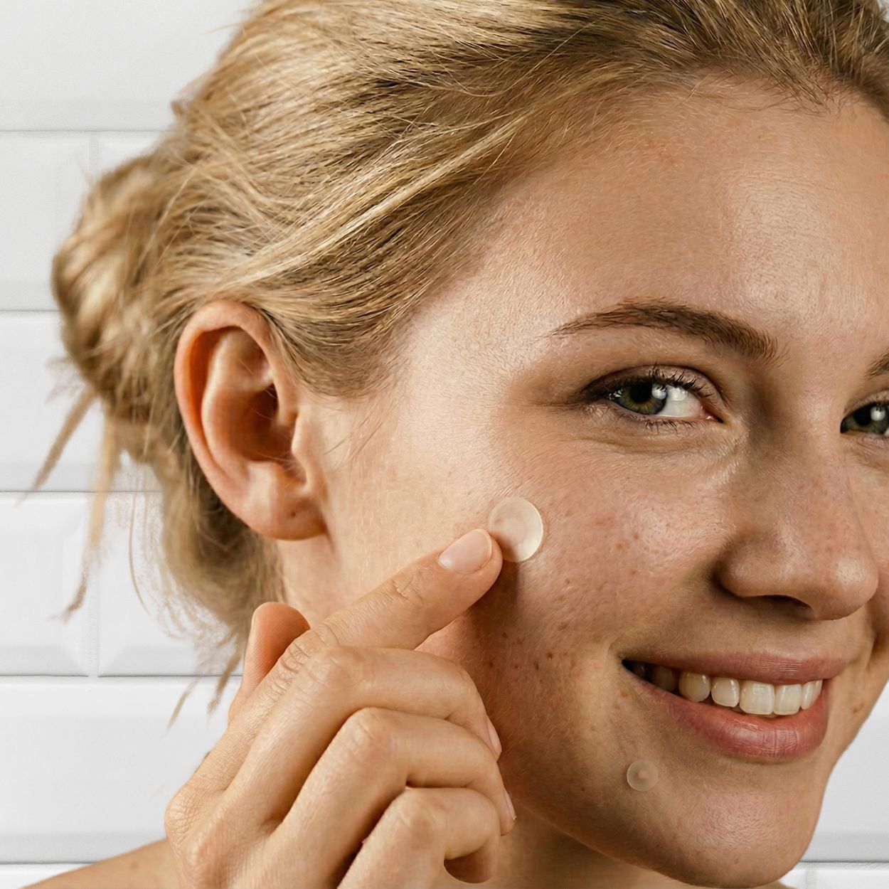 Woman applying pimple hydrocolloid patch to her face with a white background
