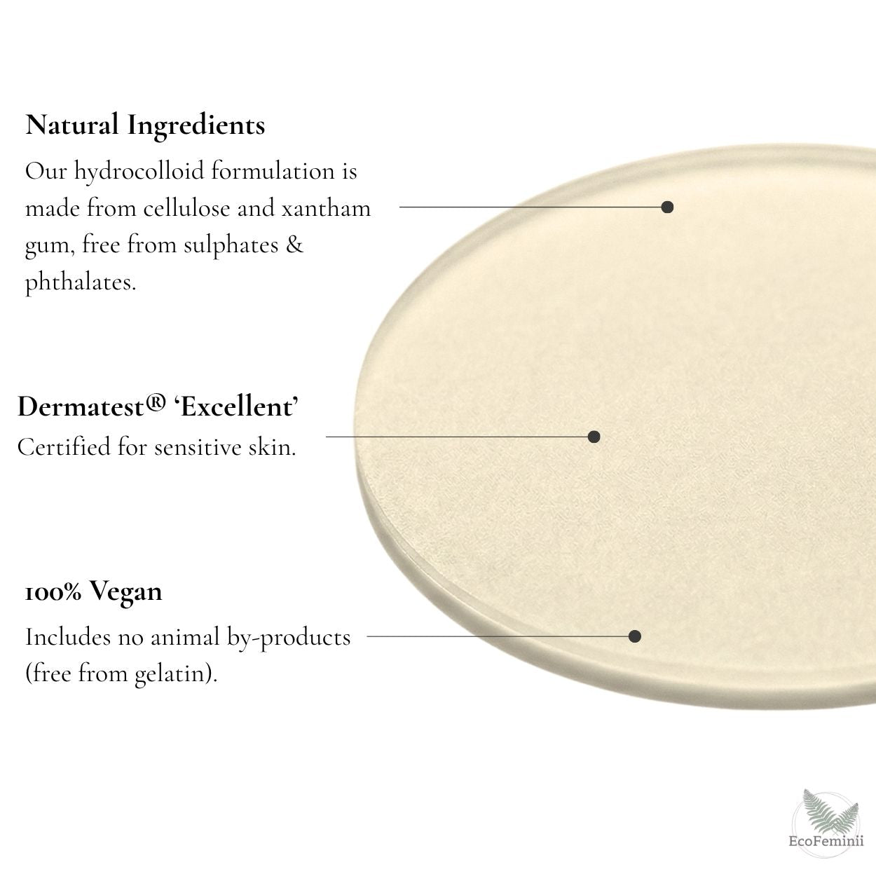 Hydrocolloid dressing with text detailing natural ingredients, dermatological certification, and vegan status.