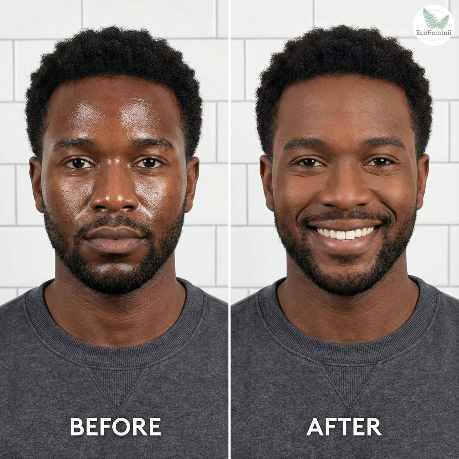 Before and after comparison of a man using oil control with a beard on a white tiled background