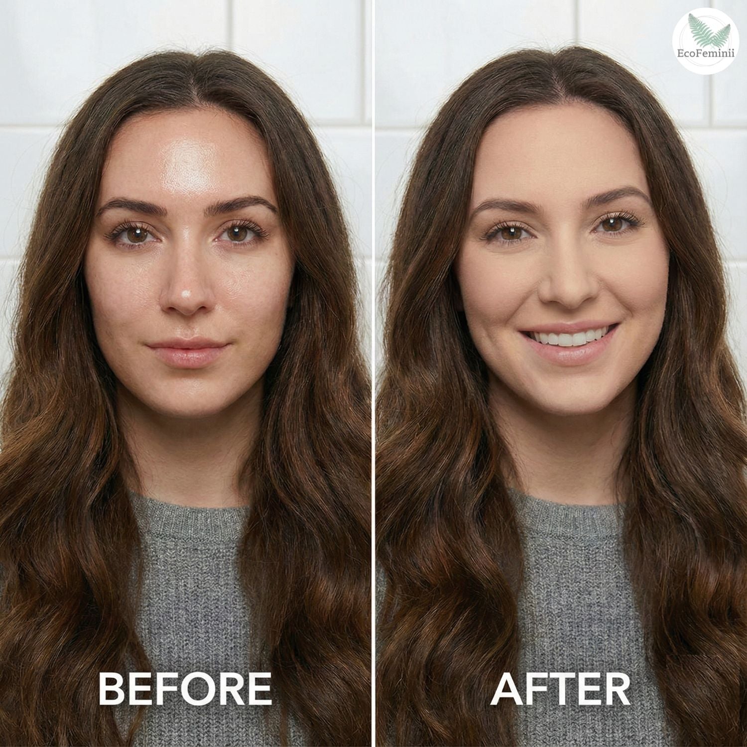 Before and after comparison of a woman using oil control against a white tiled wall.