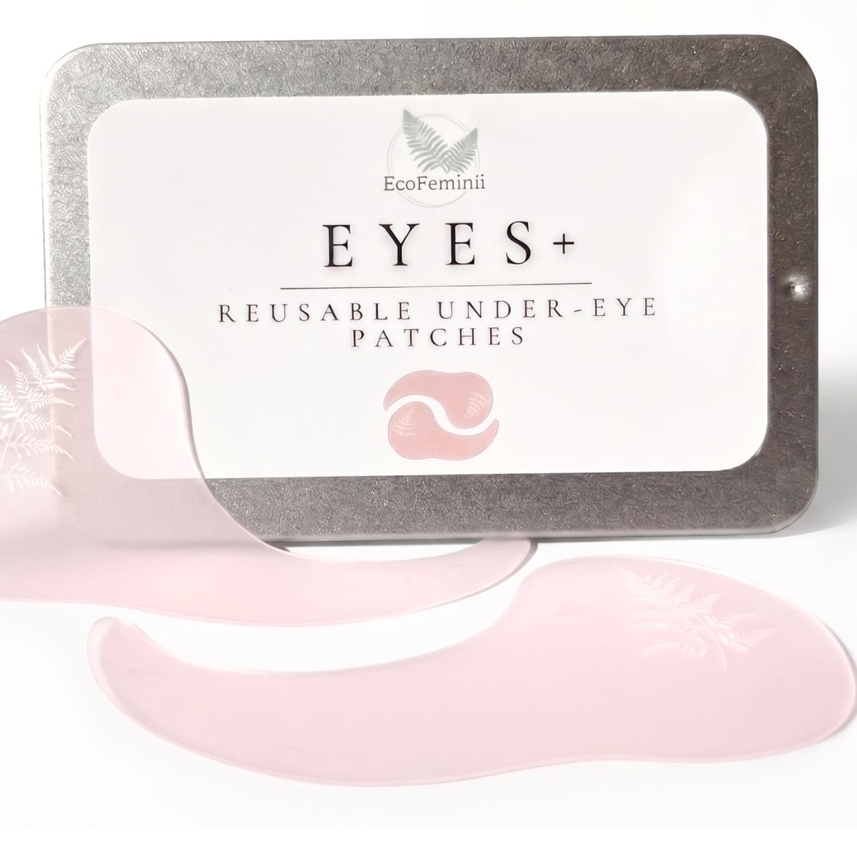Reusable under-eye patches packaging with visible brand logo on a white background
