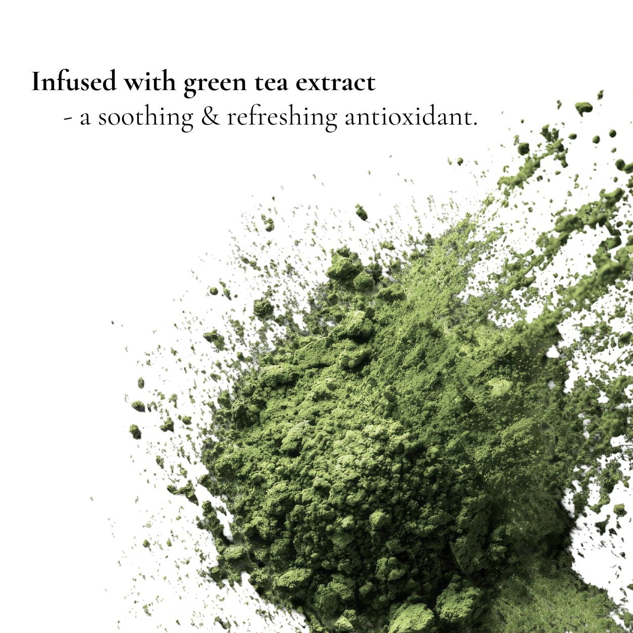 Green tea powder with text about green tea extract on a white background