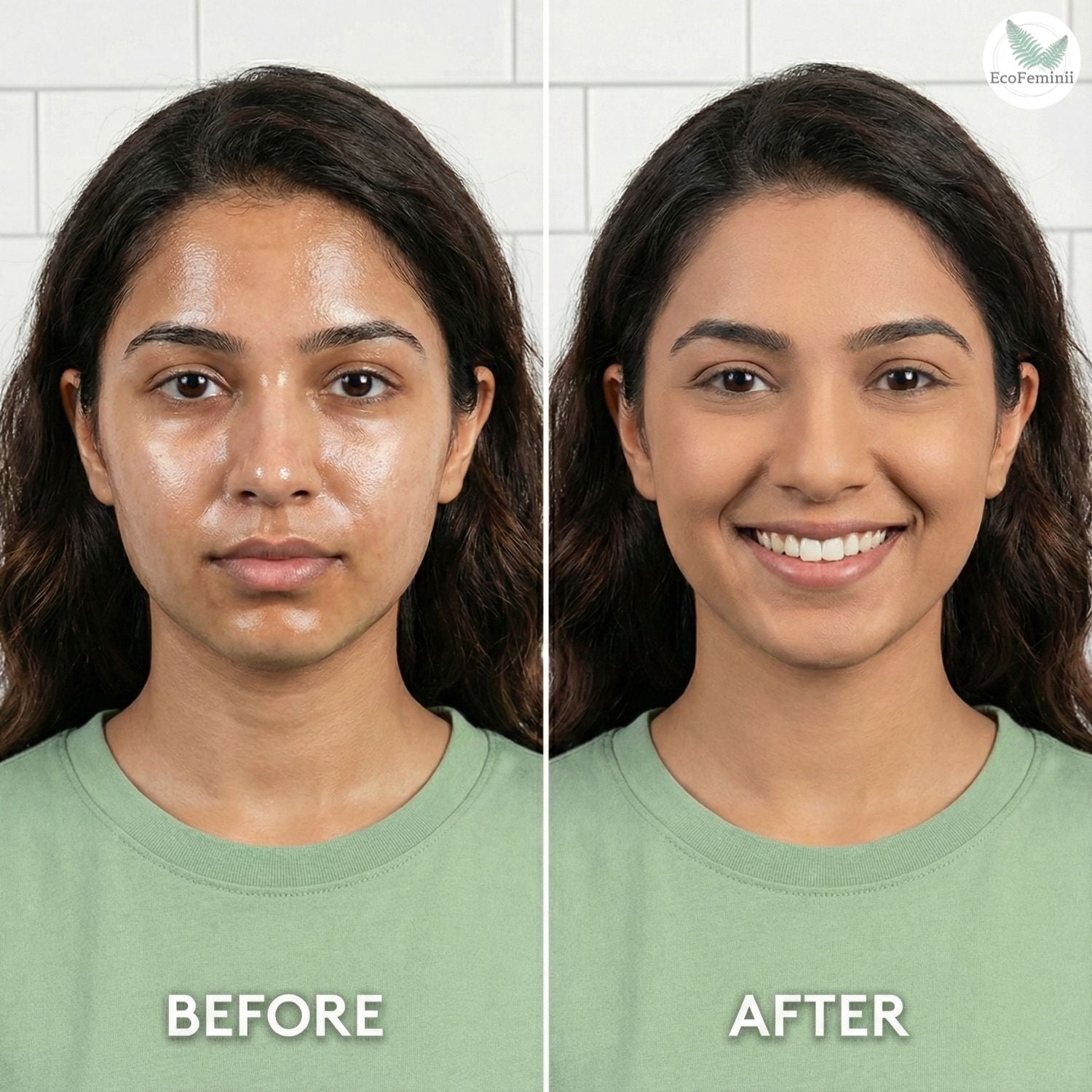 Before and after comparison of a woman with visible skin improvement on a white tiled wall background.