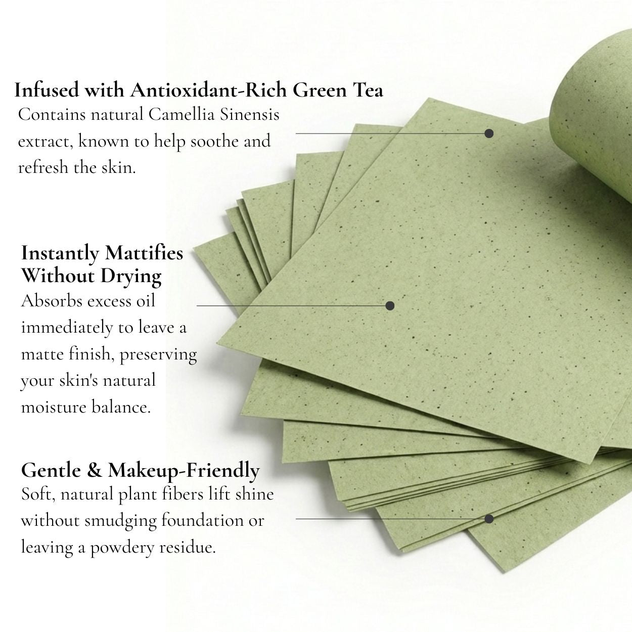 Green tea facial sheets with text describing their benefits on a white background