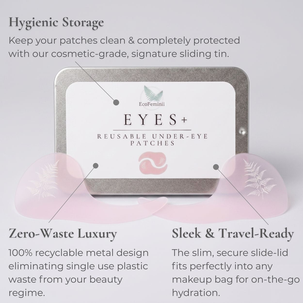 EcoFeminin Eyes+ reusable under-eye patches packaging with promotional text on a light gray background