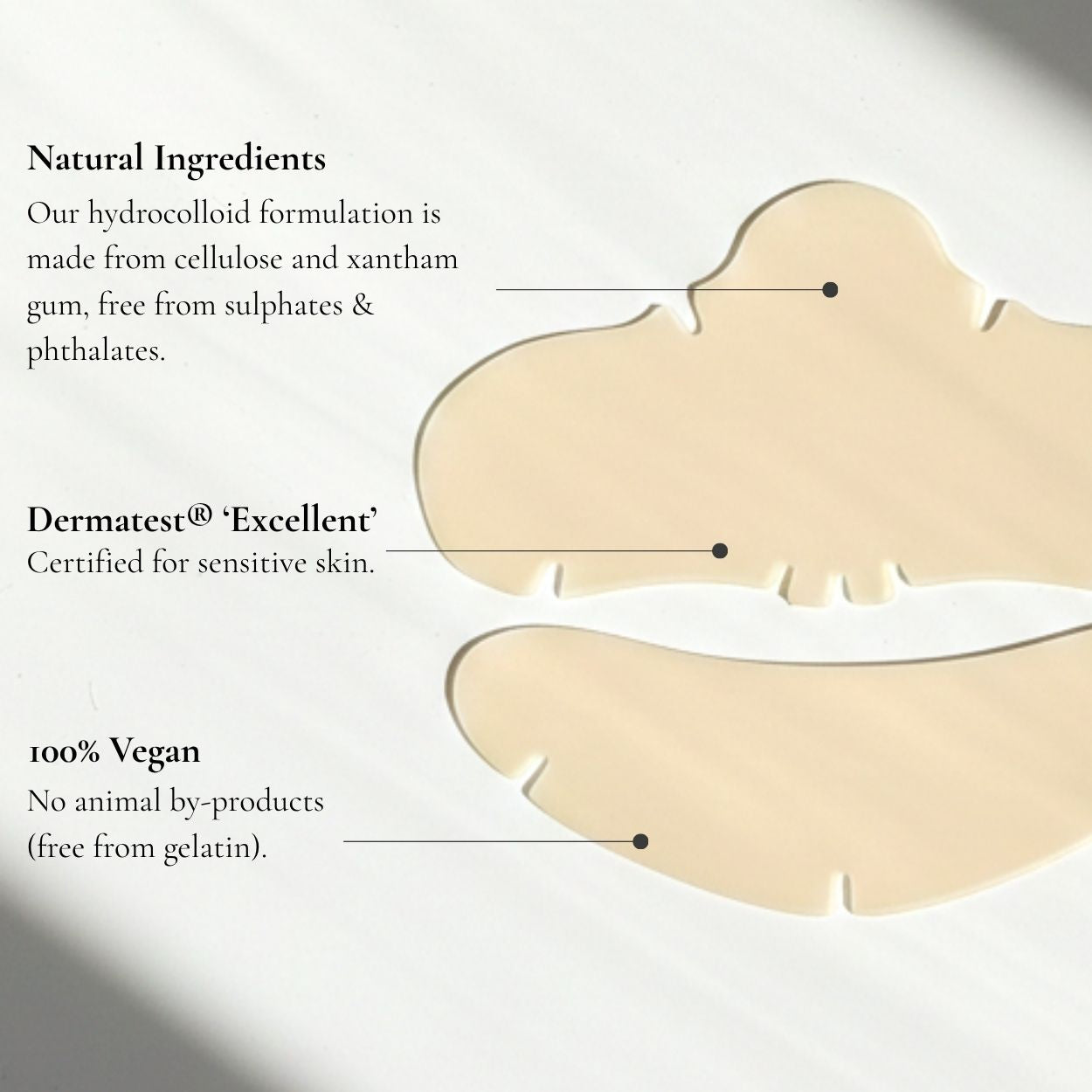 Hydrocolloid dressing with text about natural ingredients, certification, and vegan status on a white background.