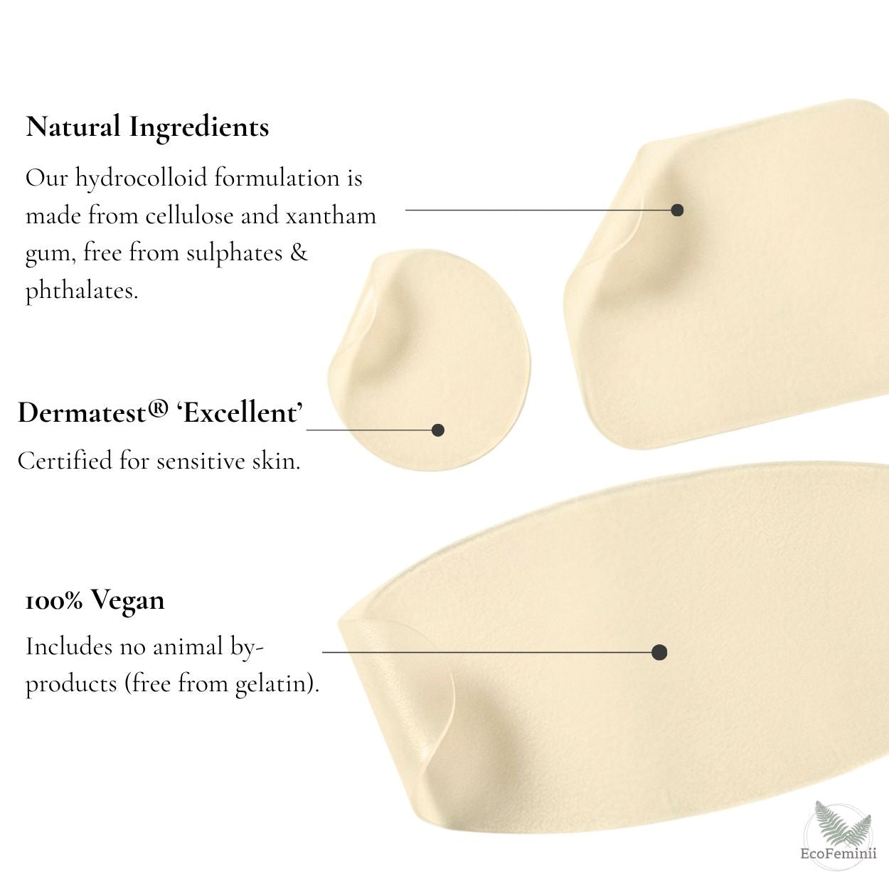 EcoFeminil hydrocolloid product with natural ingredients text overlay on a white background