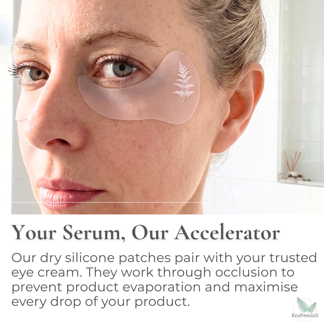 Woman wearing silicone eye patches with text about dry silicone patches for eye cream.