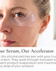Woman wearing silicone eye patches with text about dry silicone patches for eye cream.