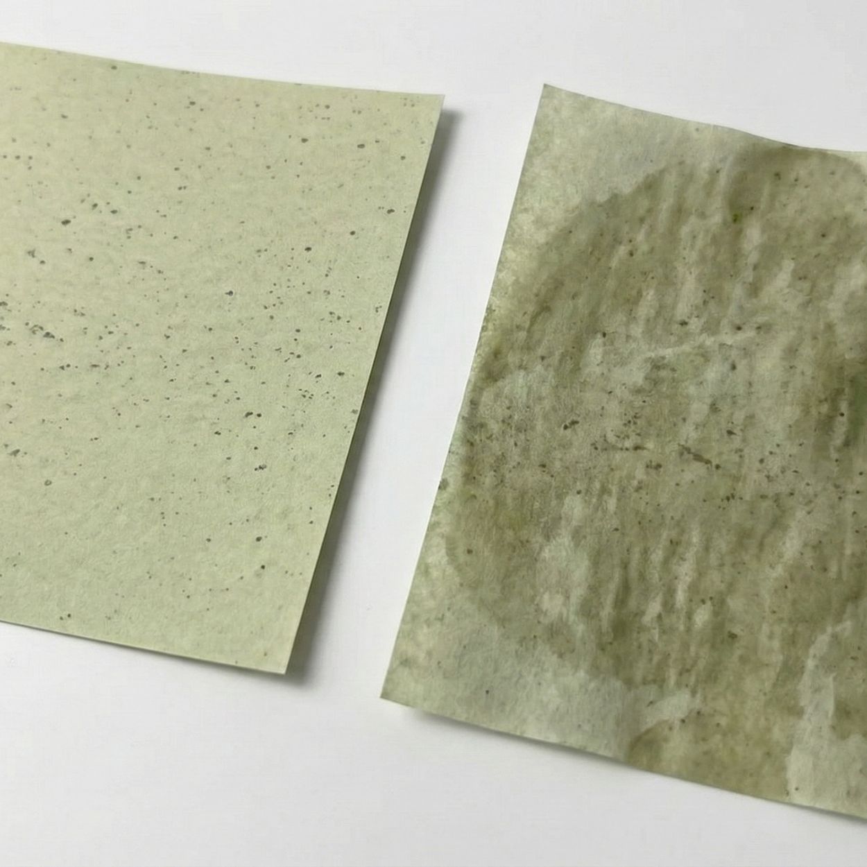 Two green tea oil blotting papers showing absorption strength of the paper
