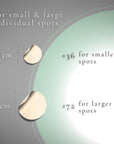 Measurement chart for small and large individual spots with gold illustrations on a gray and green gradient background.