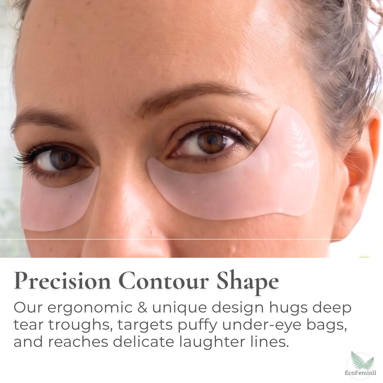 Close-up of a person wearing under-eye patches with product description text.