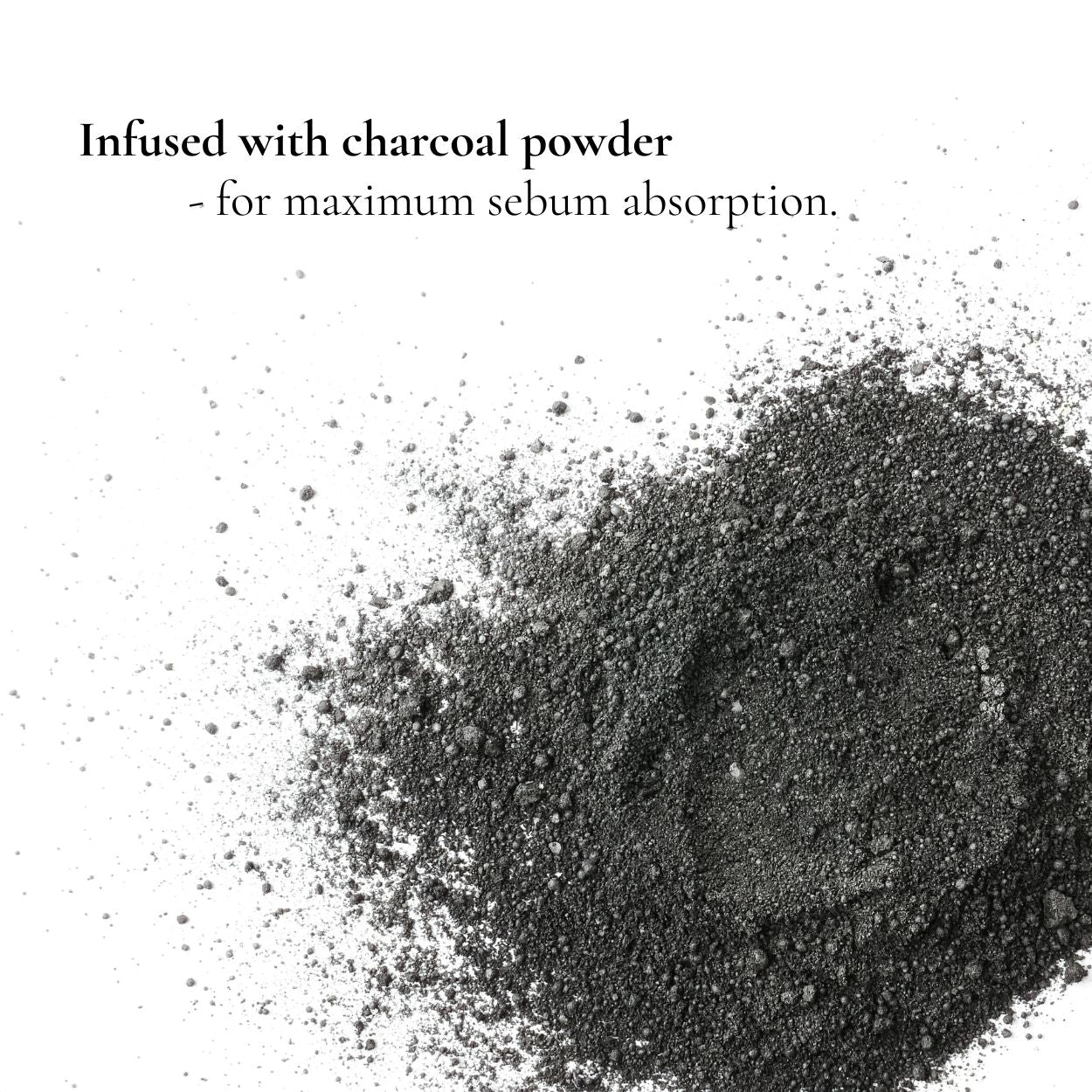 Black charcoal powder with text on a white background