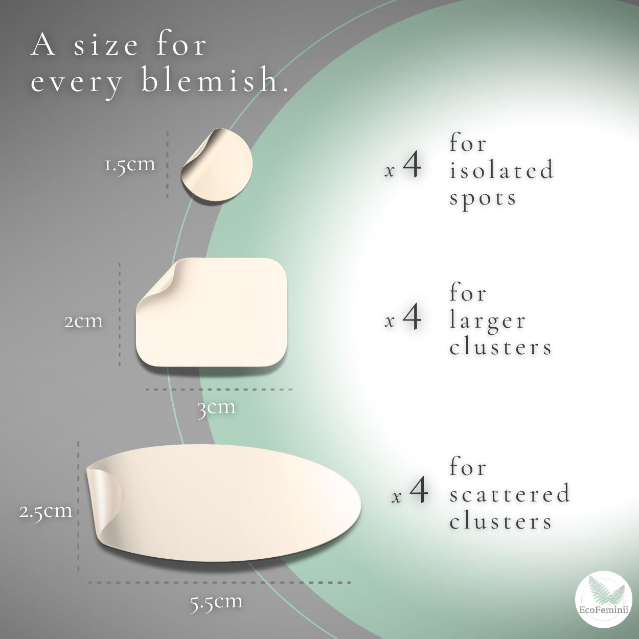 Product size guide with measurements and text on a gradient background