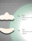 White patches for skin concerns on a gray and green background with text.