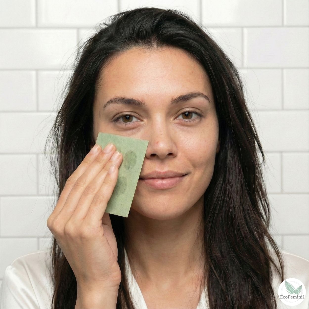 Woman using oil blotting paper in a bathroom setting