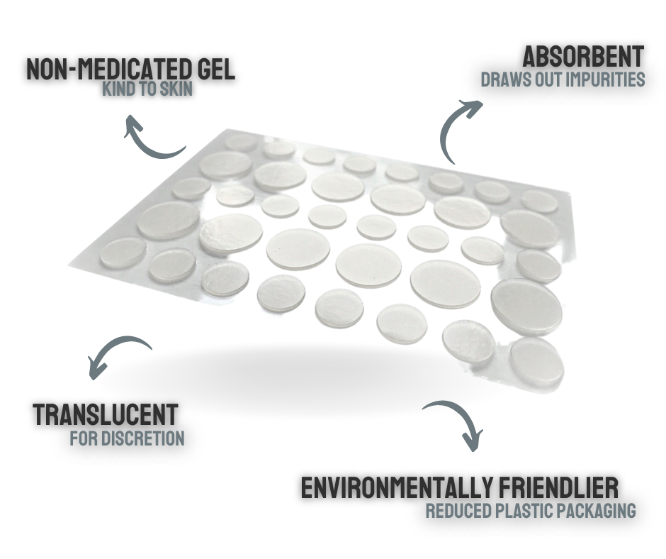  FASTER HEALING: Effective at absorbing pus and oil secretions from spots, the treatment provides a noticeable reduction in redness and swelling.  The dots flatten whiteheads by drawing out unwanted build up of fluid.